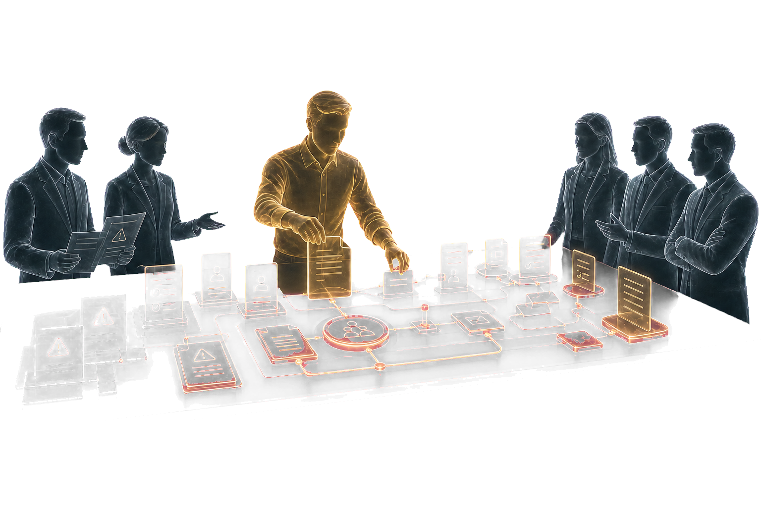 Glass figures representing leadership and an advisor building an operating system together